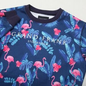 Grand Frank Sweatshirt Mens Small Blue Flamingo Tropical Fleece Graphic Crewneck